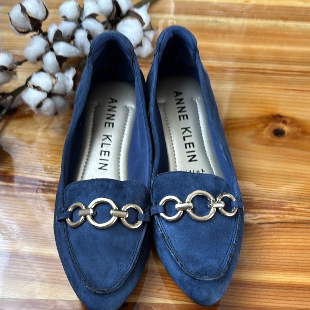 Anne Klein Blue Suede Flats with Silver Ring Detail